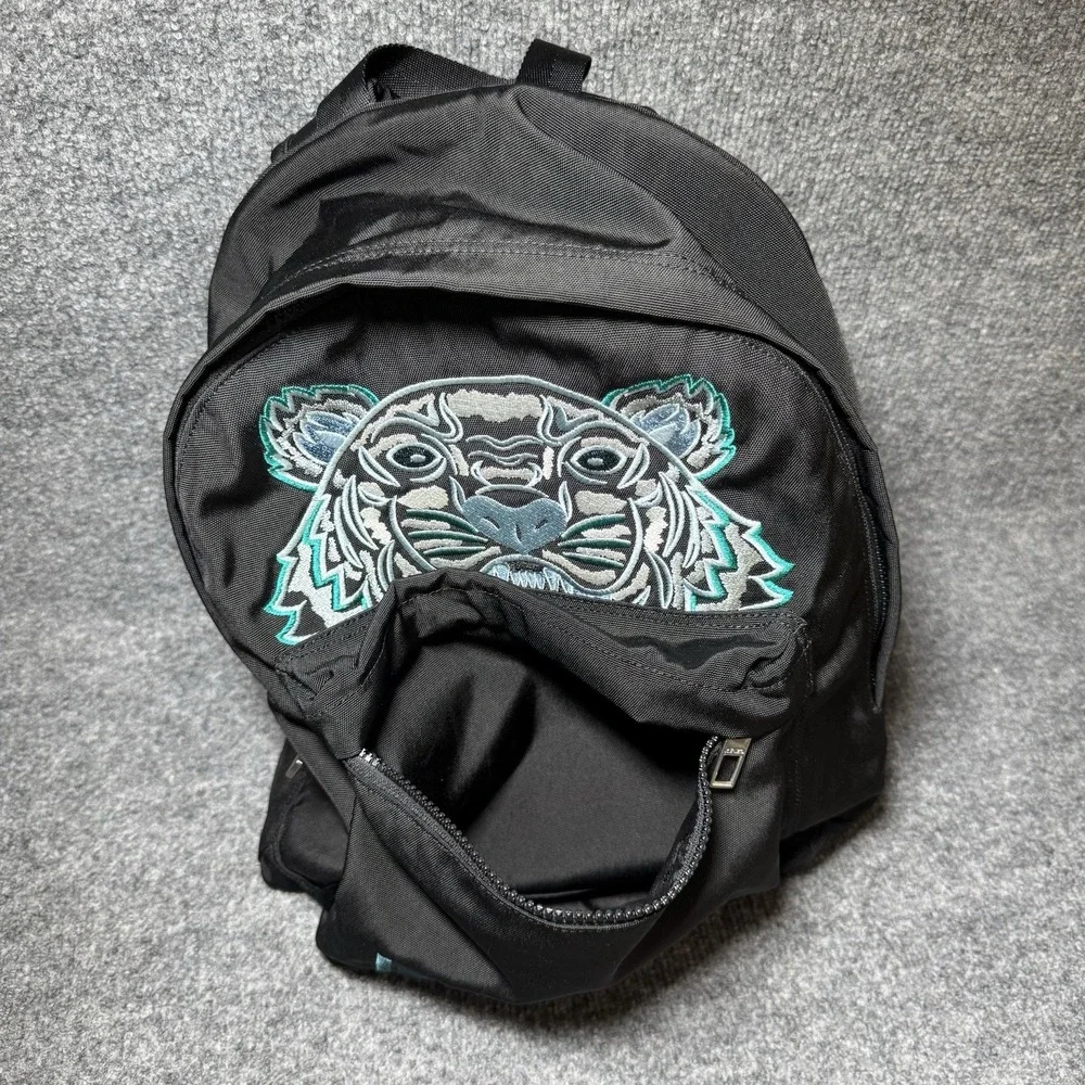 KENZO Paris Tiger Embroidered Black Teal Backpack Zip Adjustable Straps Pockets